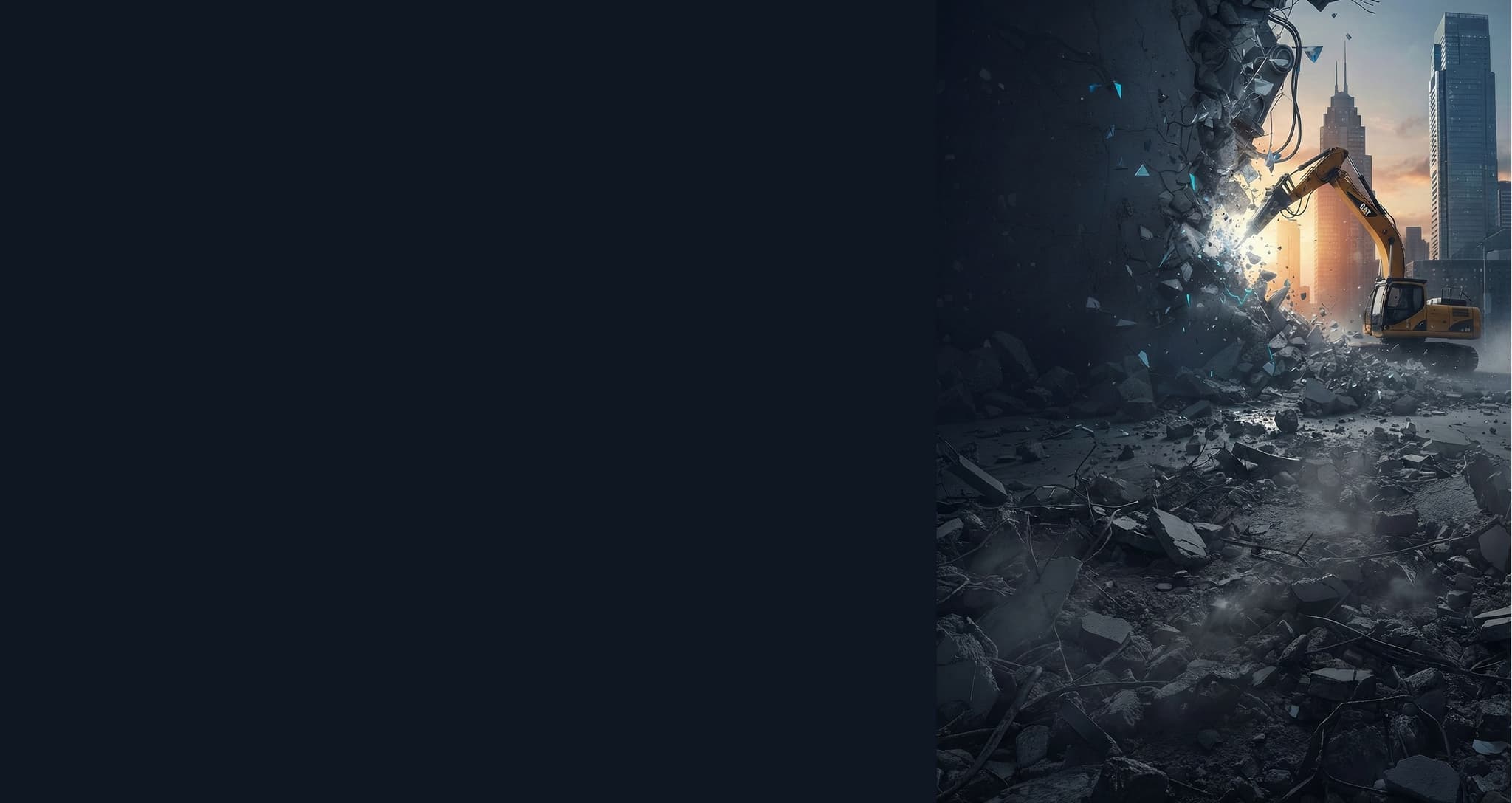 Demolition equipment breaking concrete with city skyline