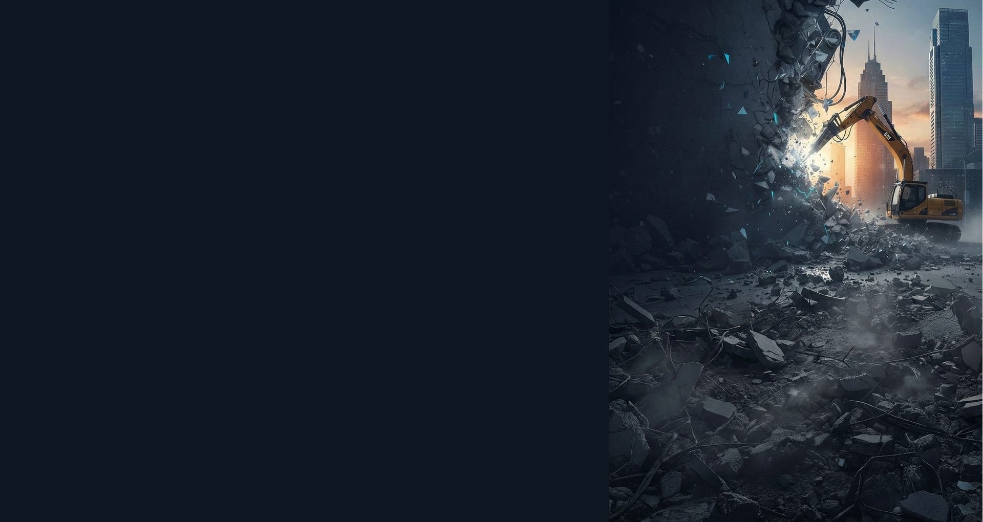 Demolition equipment breaking concrete with city skyline